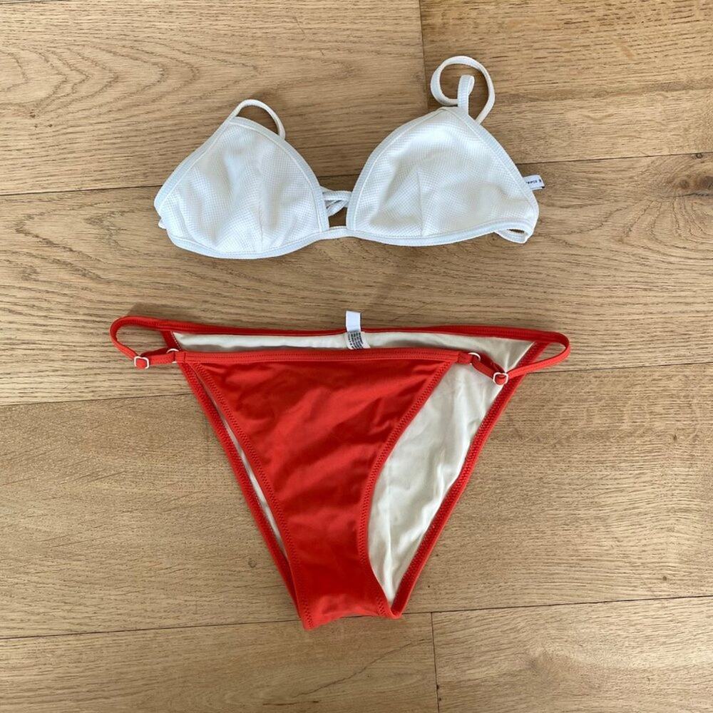 Solid & Striped - Triangle Bikini in White & Orange